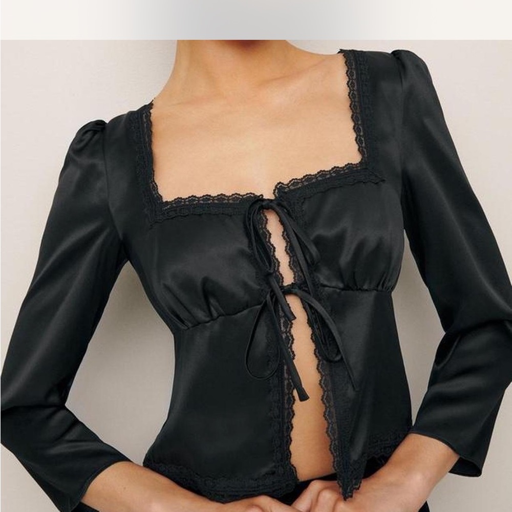 Reformation Black Lace-Trim Blouse